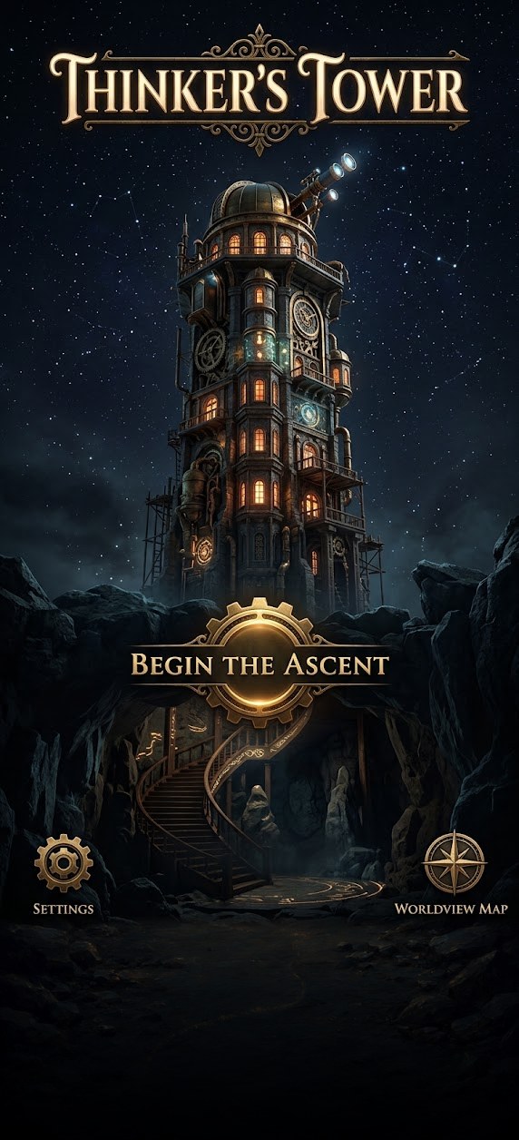 The Thinker's Tower: a brass tower with an observatory rising from a cave under a starry sky